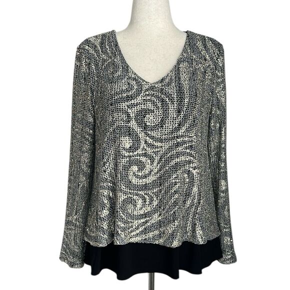 Joseph Ribkoff Silver Metallic Swirl Top Women’s Size 10 Black Layered Hem - Picture 1 of 8